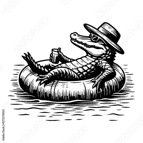Alligator Floating and Relaxing on Inner Tube Holding Drink Black and White Outline Line Art Drawing