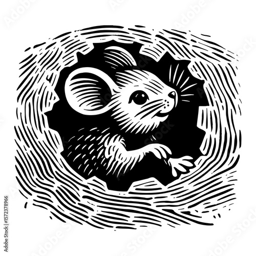 Adorable Mouse Peeking Out From Dark Hole in a Detailed Vintage Black and White Outline Line Art Drawing Engraving