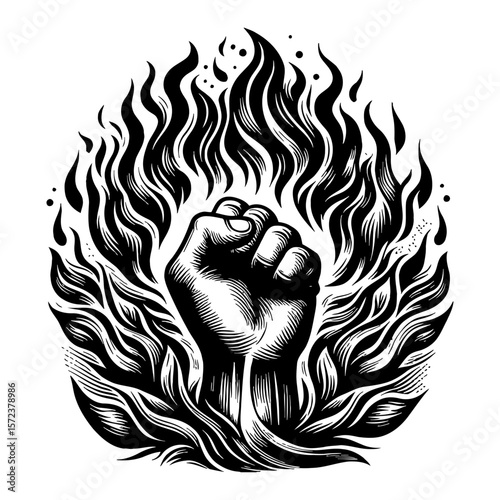 Strong Powerful Clenched Fist Hand Surrounded by Burning Flames Black and White Outline Line Art Drawing
