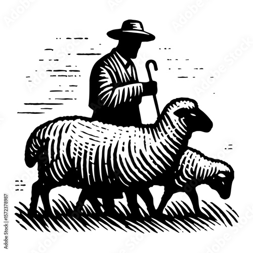 Shepherd with Sheep Black and White Outline Line Art Drawing with Hat and Staff Leading Animals