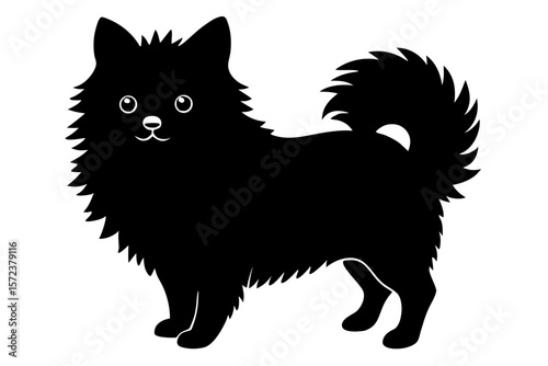 Clean Black Vector Silhouette of Fluffy Pomeranian Dog with Spiky Fur Outline