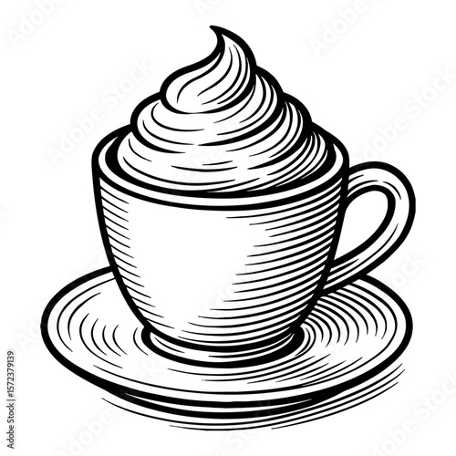 Isolated Coffee Cup with Whipped Cream Topping Black and White Outline Line Art Drawing Engraved Woodcut Style