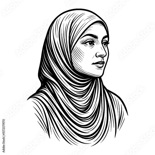 Elegant Muslim Woman Wearing Traditional Hijab Side Profile Black and White Outline Line Art Drawing