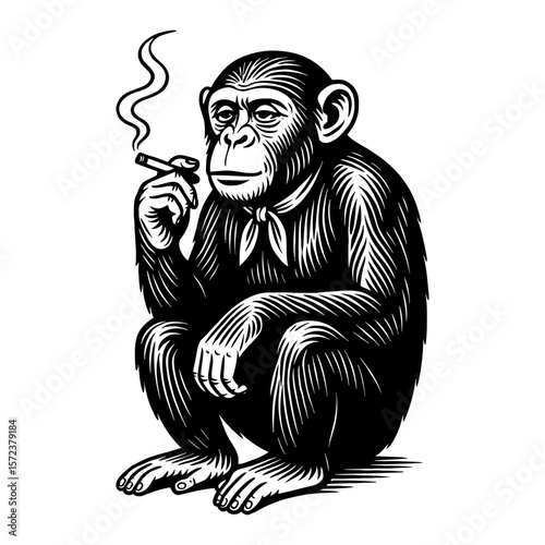 Retro Black and White Outline Line Art Drawing of a Chimpanzee Monkey Smoking Cigarette with Bandana