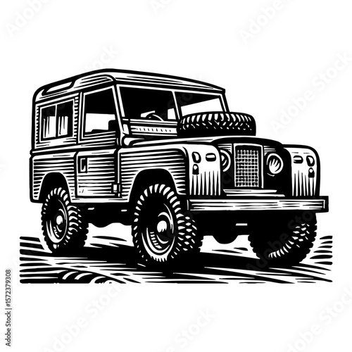 Classic Car Off Road Vehicle Black and White Outline Line Art Drawing Vector Illustration