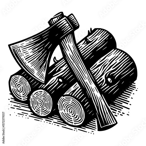 Axe and Wood Logs Stacked Together Black and White Outline Line Art Drawing Illustration
