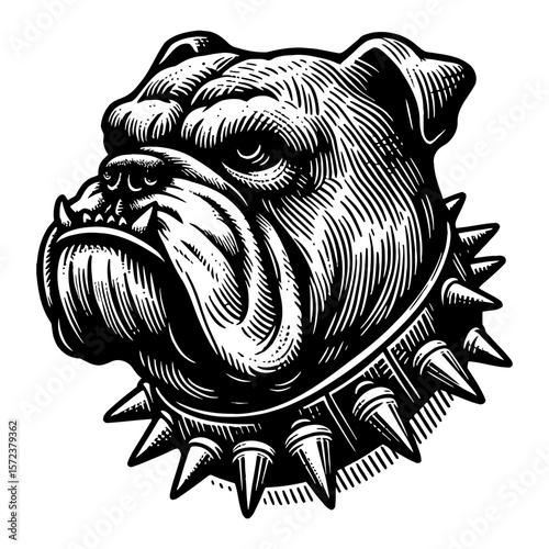 Angry Bulldog Head with Spiked Collar Black and White Outline Line Art Drawing Illustration