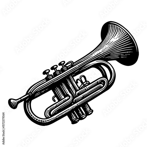 Trumpet Musical Instrument Black and White Outline Line Art Drawing Vintage Illustration Style