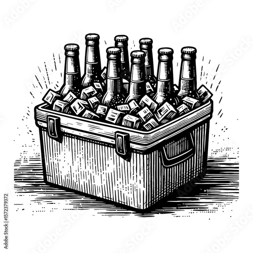 Beer Bottles in Ice Box Black and White Outline Line Art Drawing Illustration Graphic
