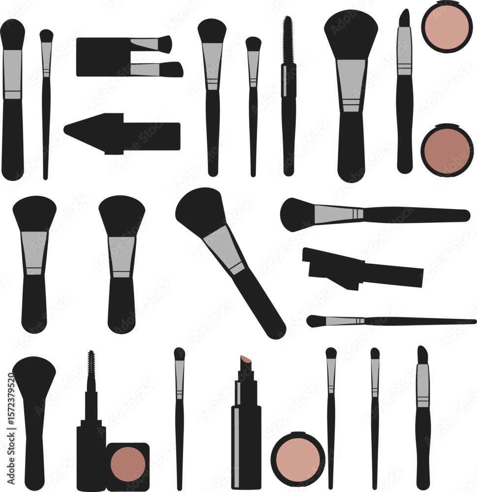 Fototapeta premium Vector makeup product illustration set: various beauty essentials including brushes, lipstick, and compact powder. Perfect for cosmetics, fashion, and beauty industry designs.