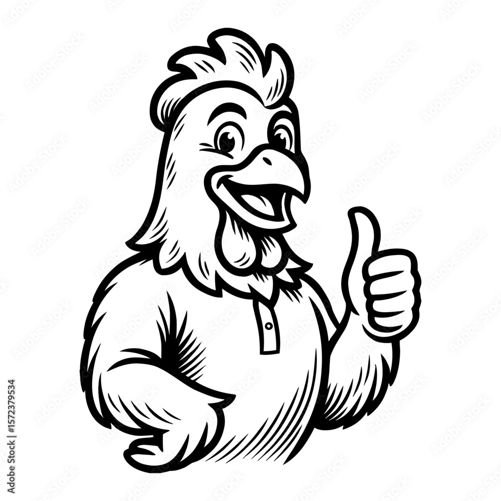 Naklejka premium Happy Rooster Chicken Mascot Character Giving Thumbs Up Gesture in Black and White Outline Line Art Drawing