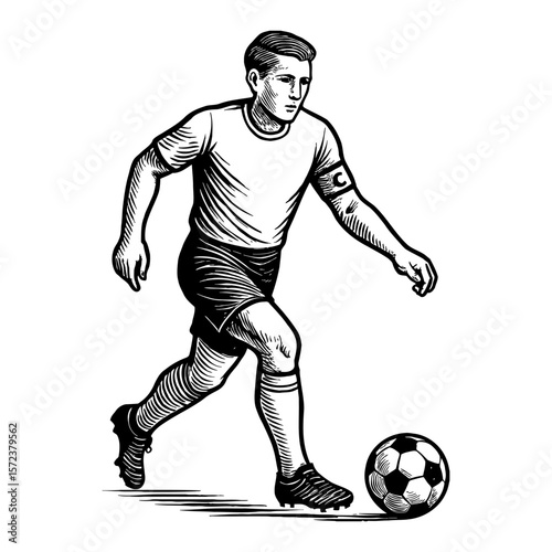 Male Soccer Player Dribbling Football Action Pose Black and White Outline Line Art Drawing Vintage Engraving Style