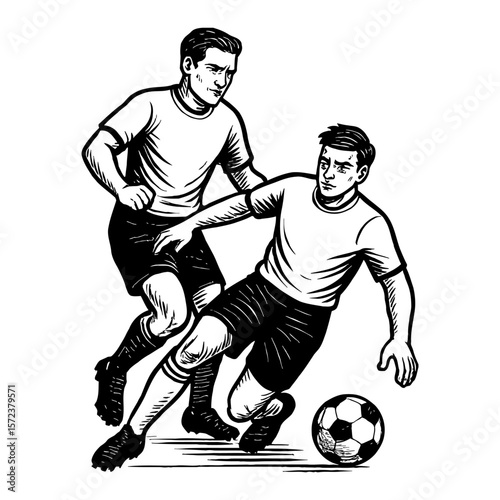 Intense Dynamic Scene with Two Soccer Players Dribbling Ball Black and White Outline Line Art Drawing