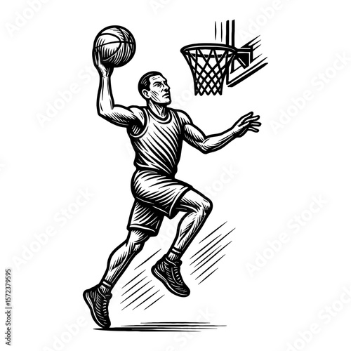 Basketball Player Mid Air Slam Dunk with Ball and Hoop Black and White Outline Line Art Drawing