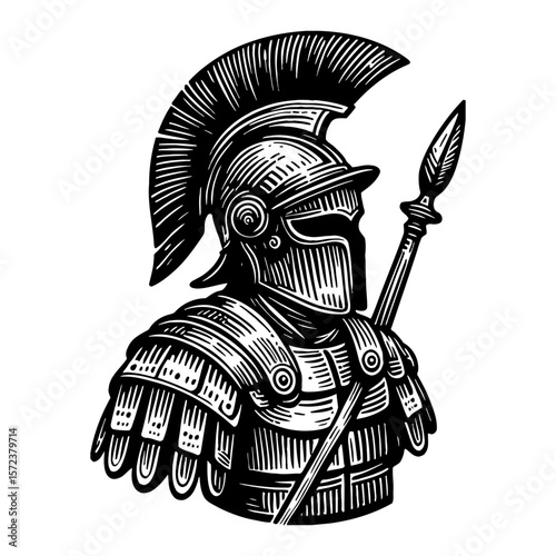 Spartan Warrior Holding Spear Black and White Outline Line Art Drawing Illustration