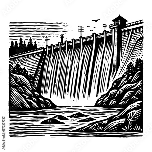 Dam and Waterfall Landscape Black and White Outline Line Art Drawing Style Vector Graphic