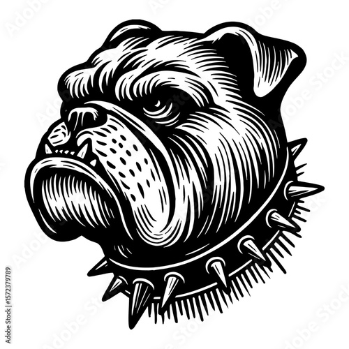 Bulldog Head with Spiked Collar in Vintage Style Black and White Outline Line Art Drawing