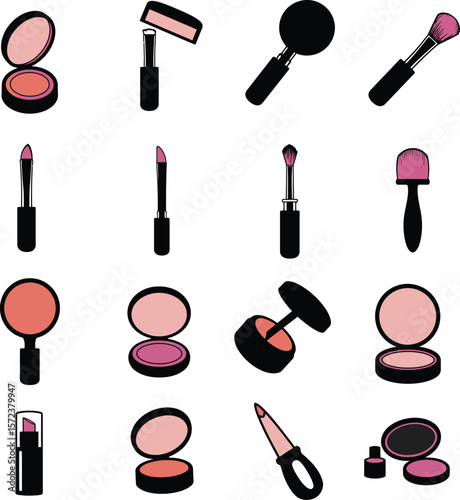 Vector makeup product illustration set: various beauty essentials including brushes, lipstick, and compact powder. Perfect for cosmetics, fashion, and beauty industry designs.