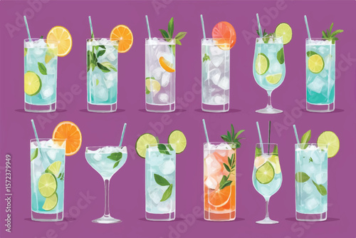 Gin and Tonic, Paloma cocktail PNG set bundle, transparent isolated background. Mixology, bar menu cocktails, colorful vibrant refreshing drink
