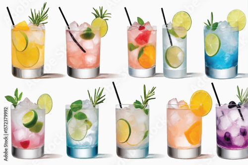 Gin and Tonic, Paloma cocktail PNG set bundle, transparent isolated background. Mixology, bar menu cocktails, colorful vibrant refreshing drink