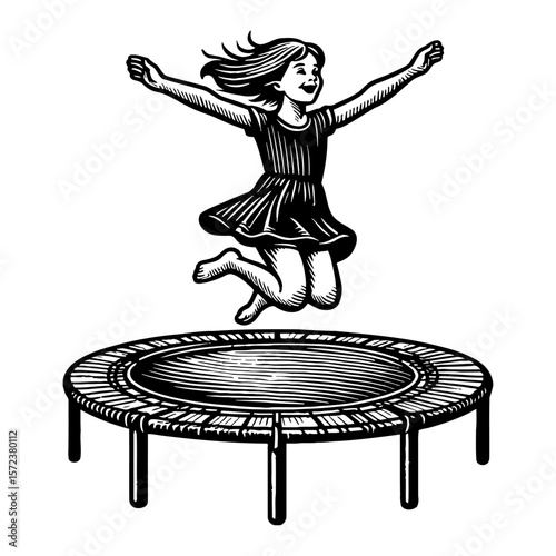 Girl Jumping on Trampoline Black and White Outline Line Art Drawing Illustration Design Template