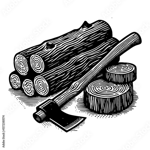 Woodpile and Axe Black and White Outline Line Art Drawing Vector Woodcut Engraving Illustration