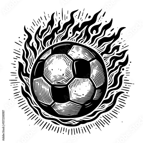 Burning Soccer Ball Black and White Outline Line Art Drawing Engraving Style Graphic