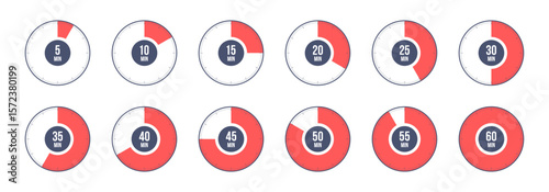 Countdown timer, clock, stopwatch vector icons set. Full rotation arrow timer. 5 minute to 1 hours stopwatches. Collection of timers in flat style isolated on white background. Vector illustration.