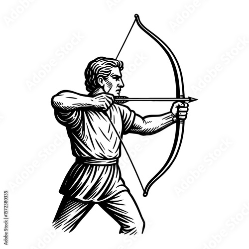 Archer Aiming Bow and Arrow Side View Black and White Outline Line Art Drawing Vintage Engraving Style