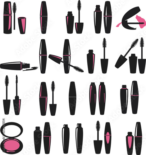 Vector mascara illustration set: various open and closed black beauty products for eye makeup. Perfect for cosmetics, fashion, and beauty industry designs, isolated on white background.