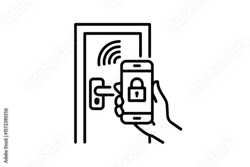 Hand holding phone with lock screen near smart door handle for secure access system illustration