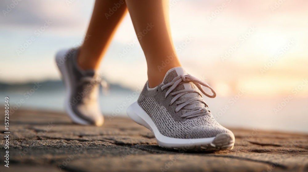Focus on a womans legs in motion wearing sleek sport shoes highlighting dynamic movement and determination against a soft blurred natural background ideal for fitness promotional materials. Focus on a womans legs in motion wearing sleek sport shoes highlighting dynamic movement and determination against a soft blurred natural background ideal for fitness promotional materials.