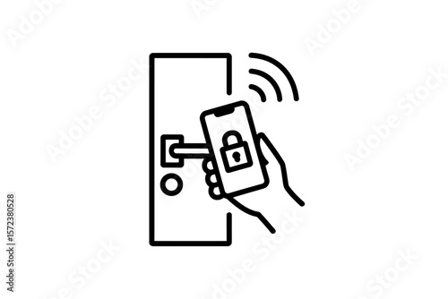 Hand holding phone with lock screen near smart door handle for secure access system illustration