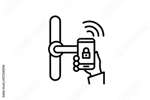 Hand holding phone with lock screen near smart door handle for secure access system illustration