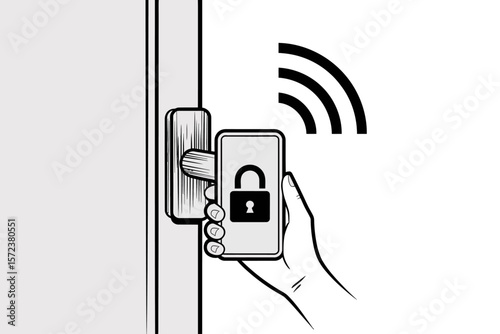 Hand holding phone with lock screen near smart door handle for secure access system illustration
