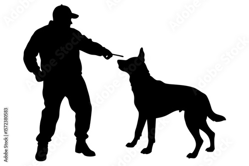 Man Training Dog with Stick Silhouette Vector