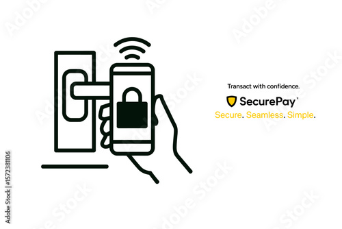 Hand holding phone with lock screen near smart door handle for secure access system illustration