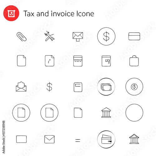 Illustration of various financial and office related icons including money, bank, and documents icons