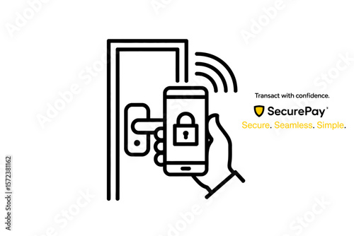 Hand holding phone with lock screen near smart door handle for secure access system illustration