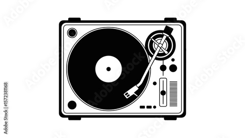 Turntable Vector Illustration. Retro Vinyl Record Player Silhouette  Design
