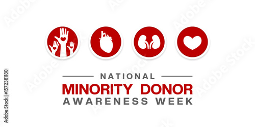 August is National Minority Donor Awareness Week. Hand, heart, kidney and heart. Suitable for posters, banners and social media. White background.