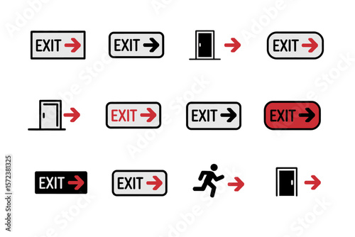 Collection of enter and exit signs icon with people and arrows in black and green on a white background