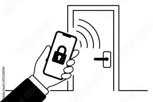 Hand holding phone with lock screen near smart door handle for secure access system illustration