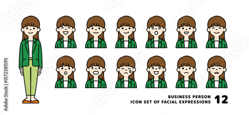 若いおしゃれなビジネスウーマンの、いろいろな表情のアバターアイコン素材セット＿ベクター＿カラー