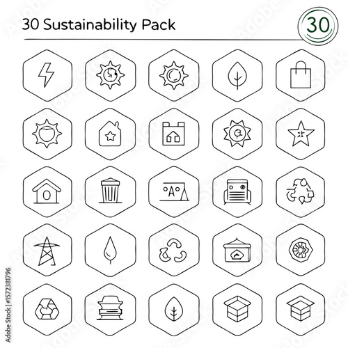 Sustainability icons set featuring energy, recycling, nature, and eco friendly symbols in hexagon shapes