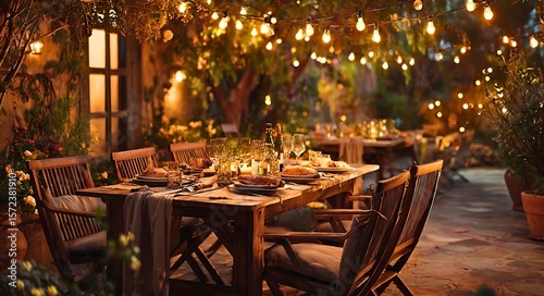 Cozy outdoor dining table set for a romantic evening with string lights and candles creating a warm ambiance