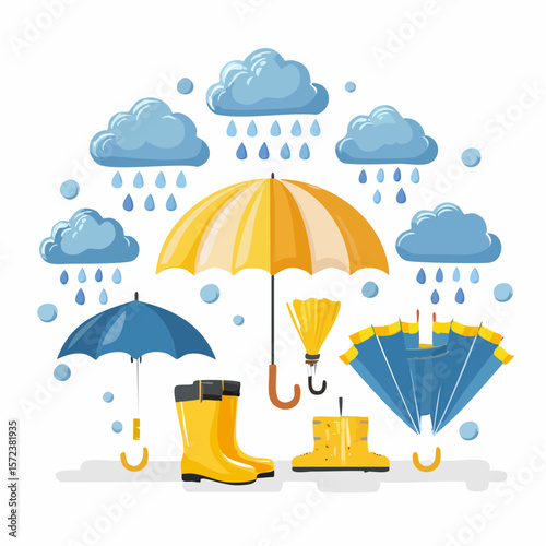 Vector set of weather and umbrella icons with seasonal cartoon illustrations