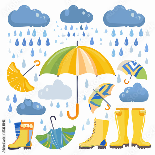 Colorful umbrella and beach elements vector illustration set