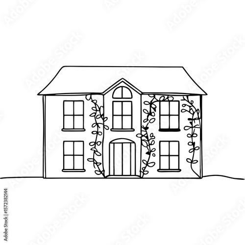 Building facade with climbing ivy in minimal line art drawing. Building facade with climbing ivy illustrates tranquil home, residential construction covered by lush vegetation.