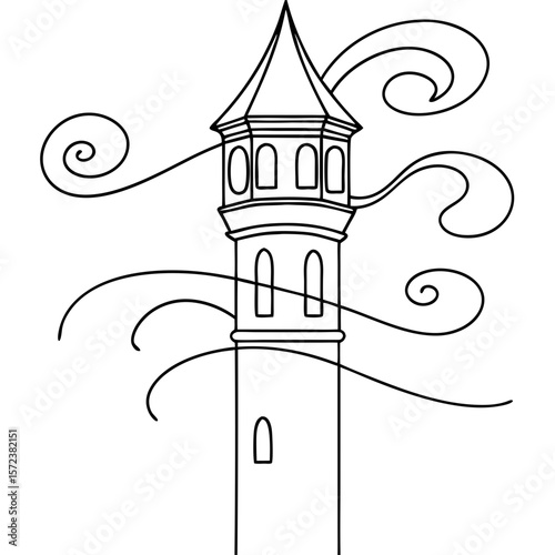 Tower with swirling wind lines features a castle turret caught in a gusty breeze. Tower shown in simple contour sketch.